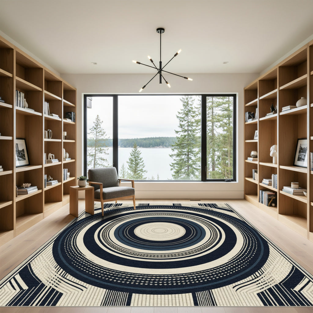 Navy Cream Concentric Circles Stripes Rug