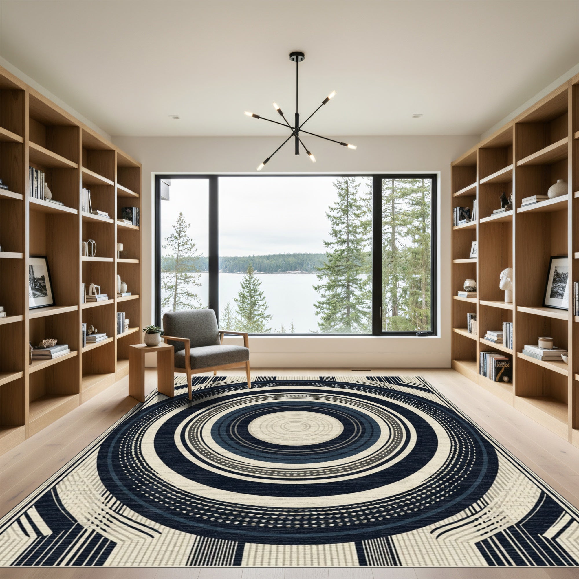 Navy Cream Concentric Circles Stripes Rug