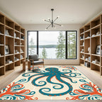 Teal Orange Octopus Floral Scroll Rug