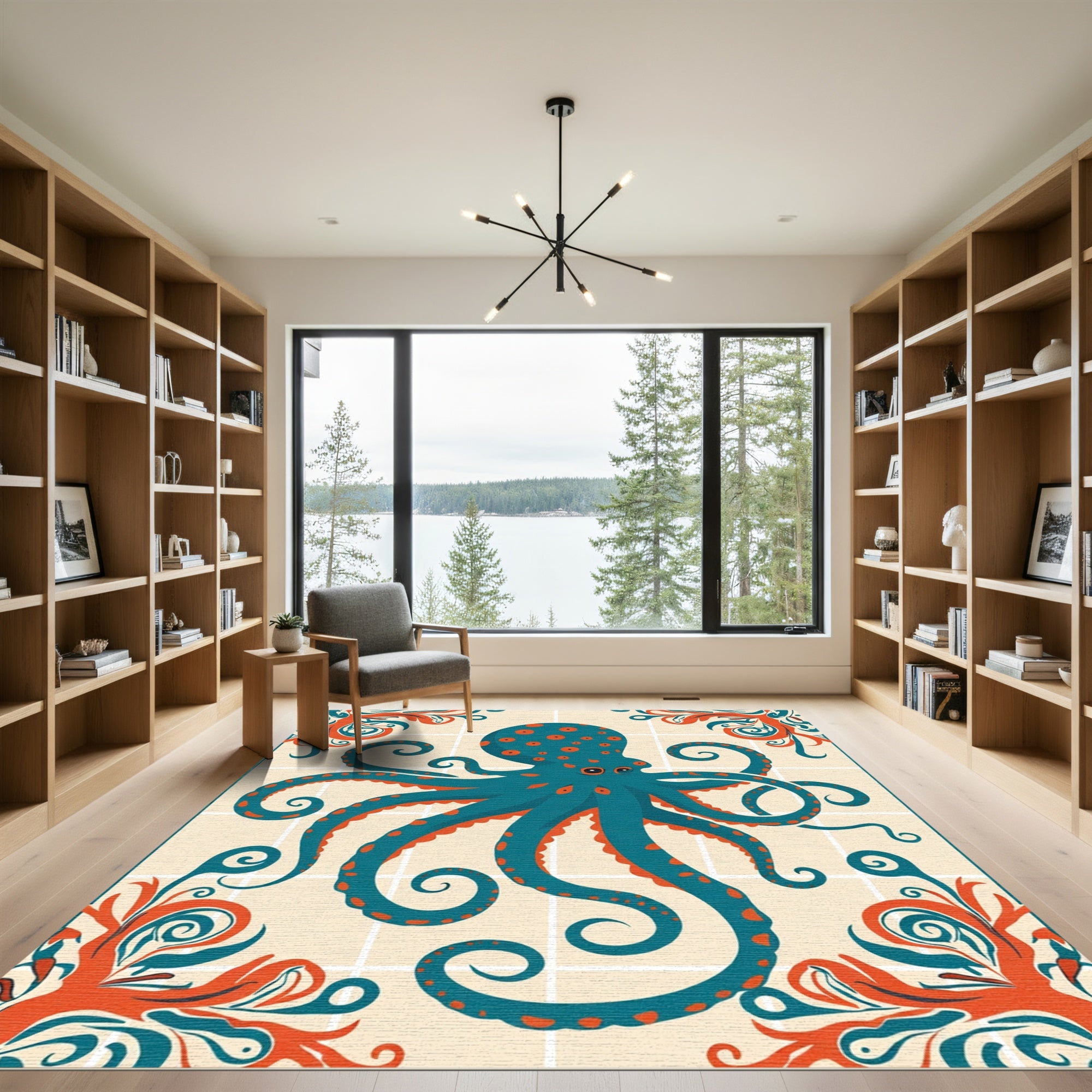 Teal Orange Octopus Floral Scroll Rug