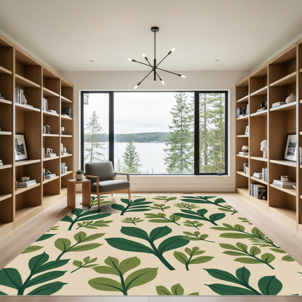 Dark Green Leafy Branches Beige Pattern Rug