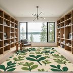 Dark Green Leafy Branches Beige Pattern Rug