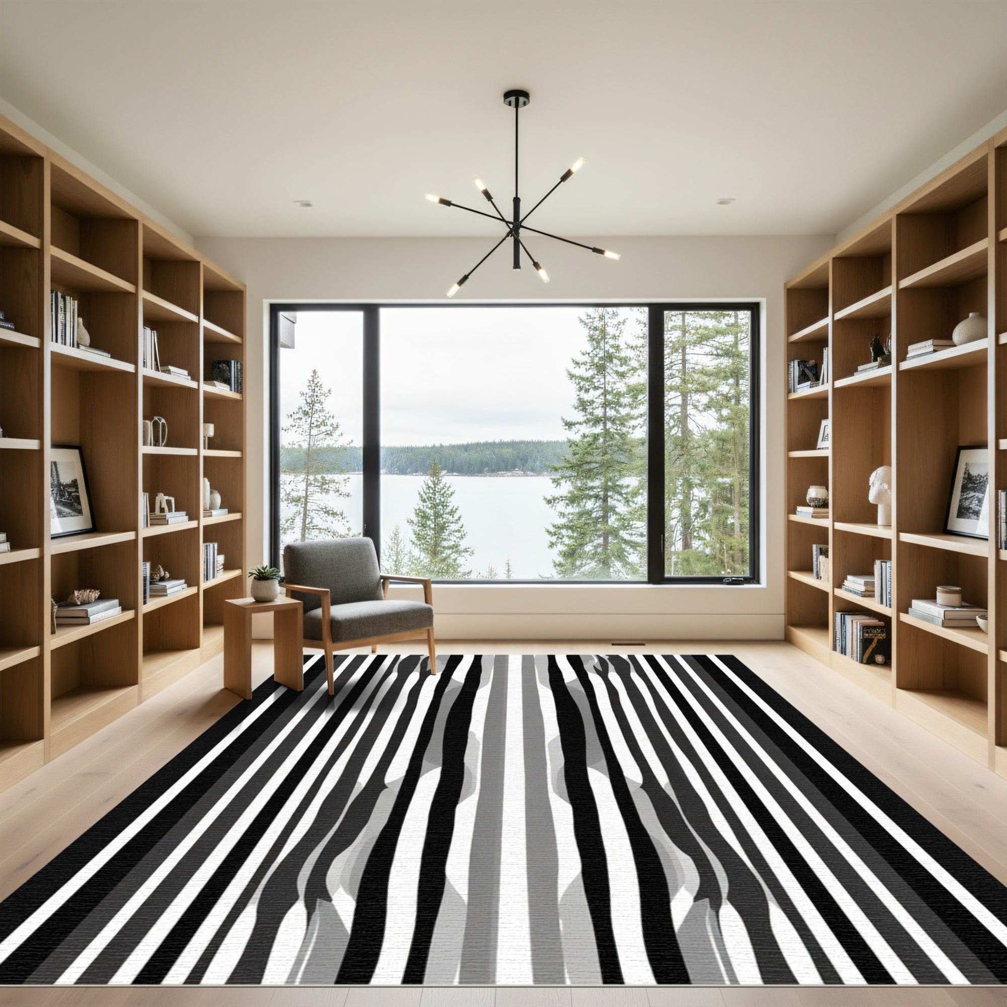 Bold Black White Streaked Abstraction Rug
