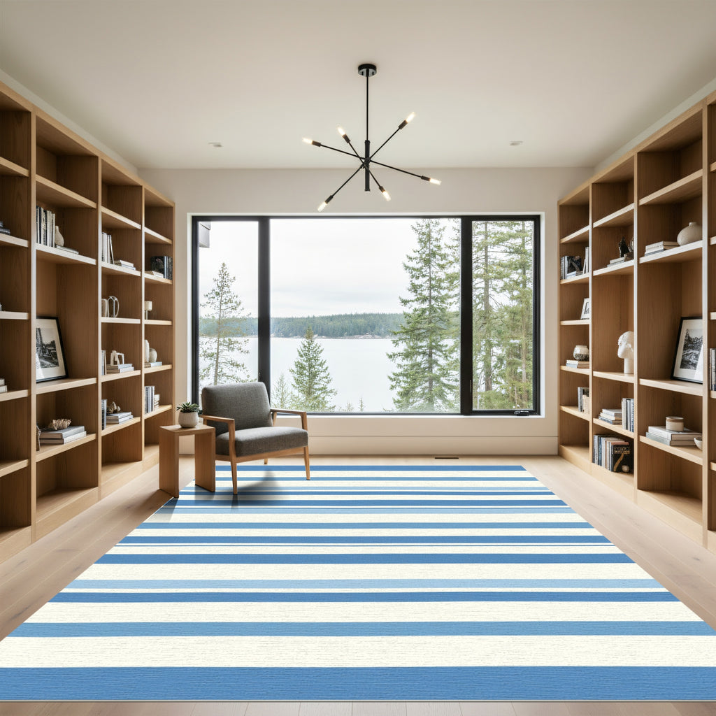 Serene Ocean Blue Striped Rectangles Rug