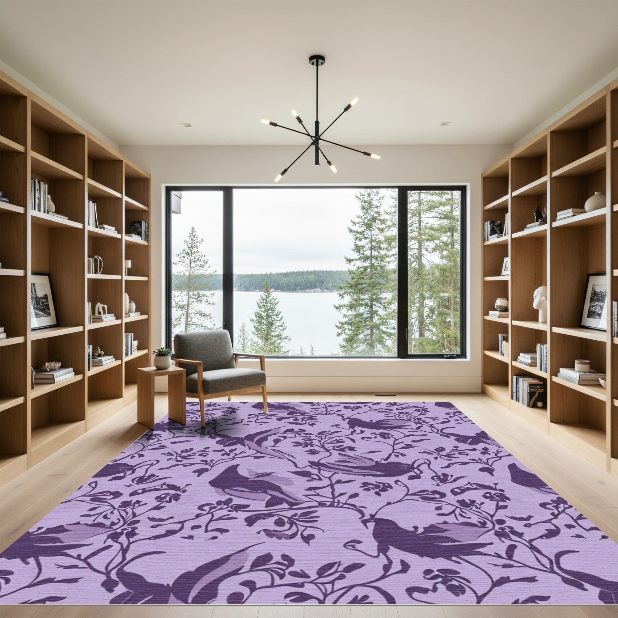 Purple Birds Floral Woodland Scene Rug