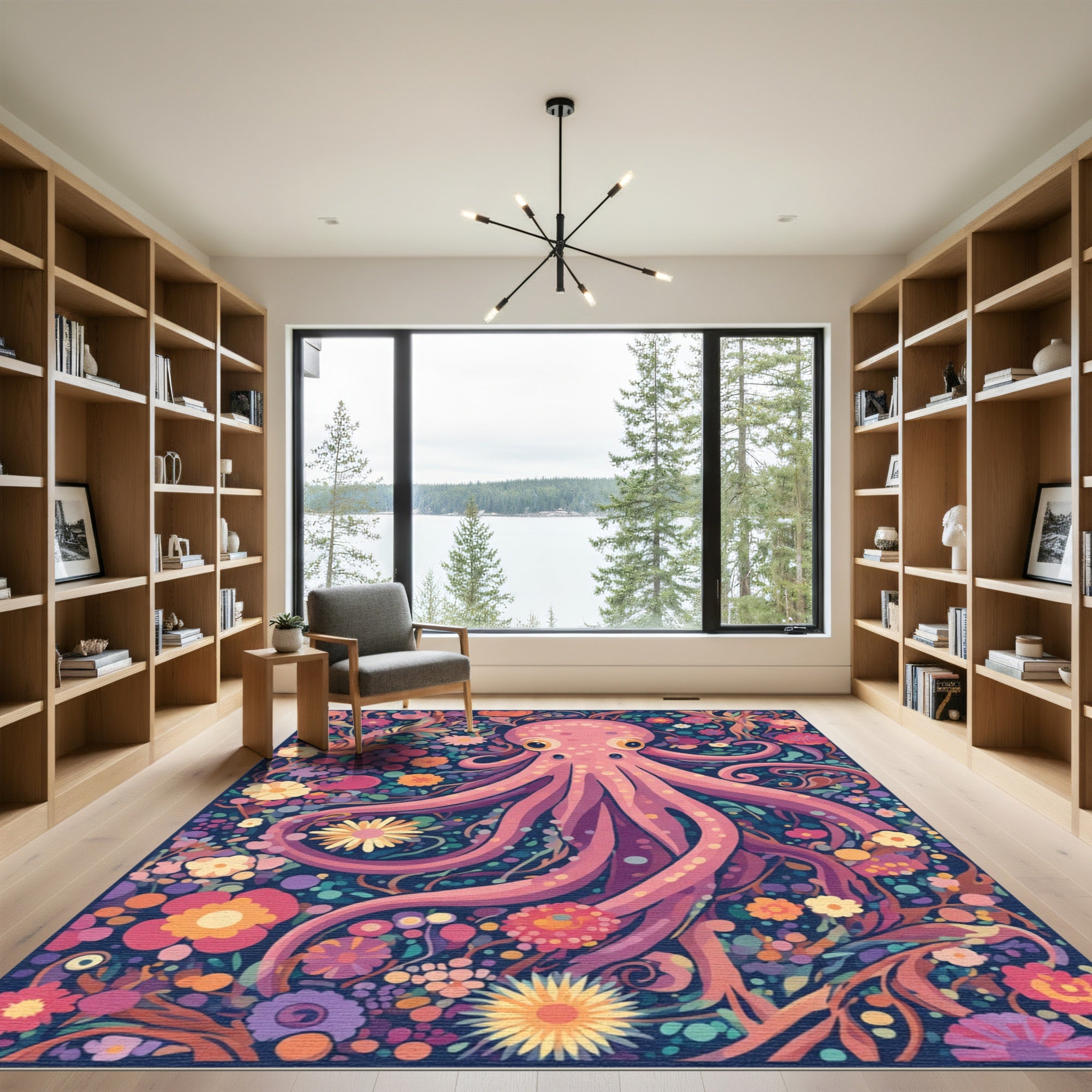 Whimsical Pink Octopus Floral Garden Rug