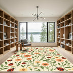 Red Ladybug Floral Garden Print Rug