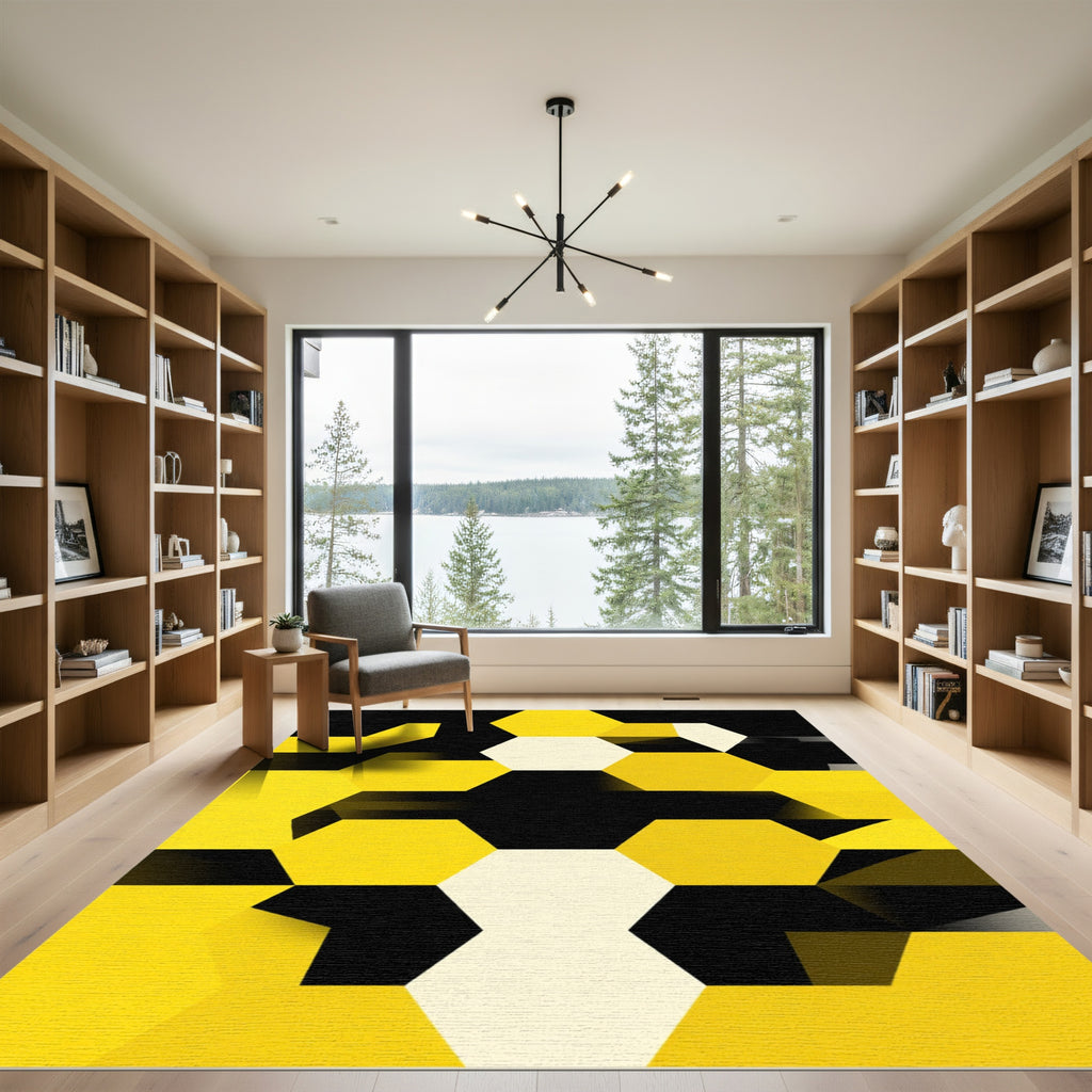 Yellow Black Hexagon Geometry Rug