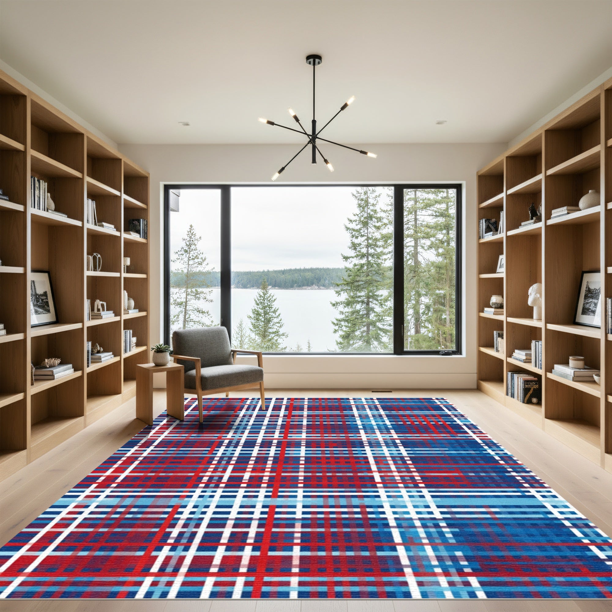 Red Blue White Plaid Grid Rug