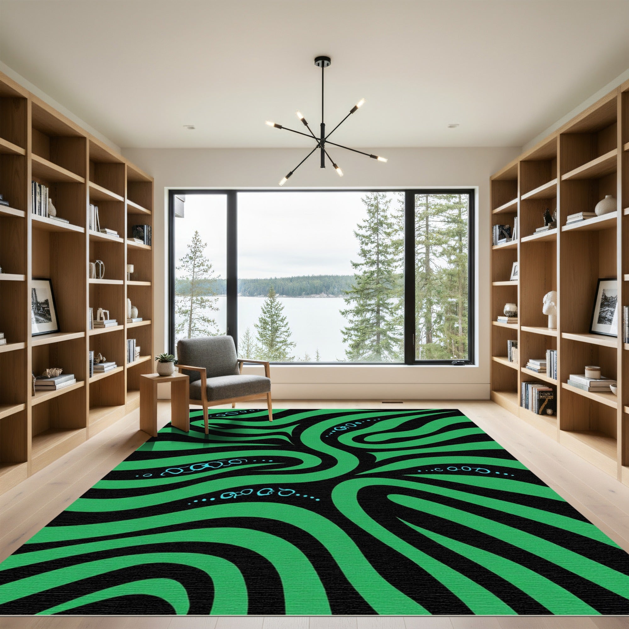 Green Black Swirling Abstract Wave Rug