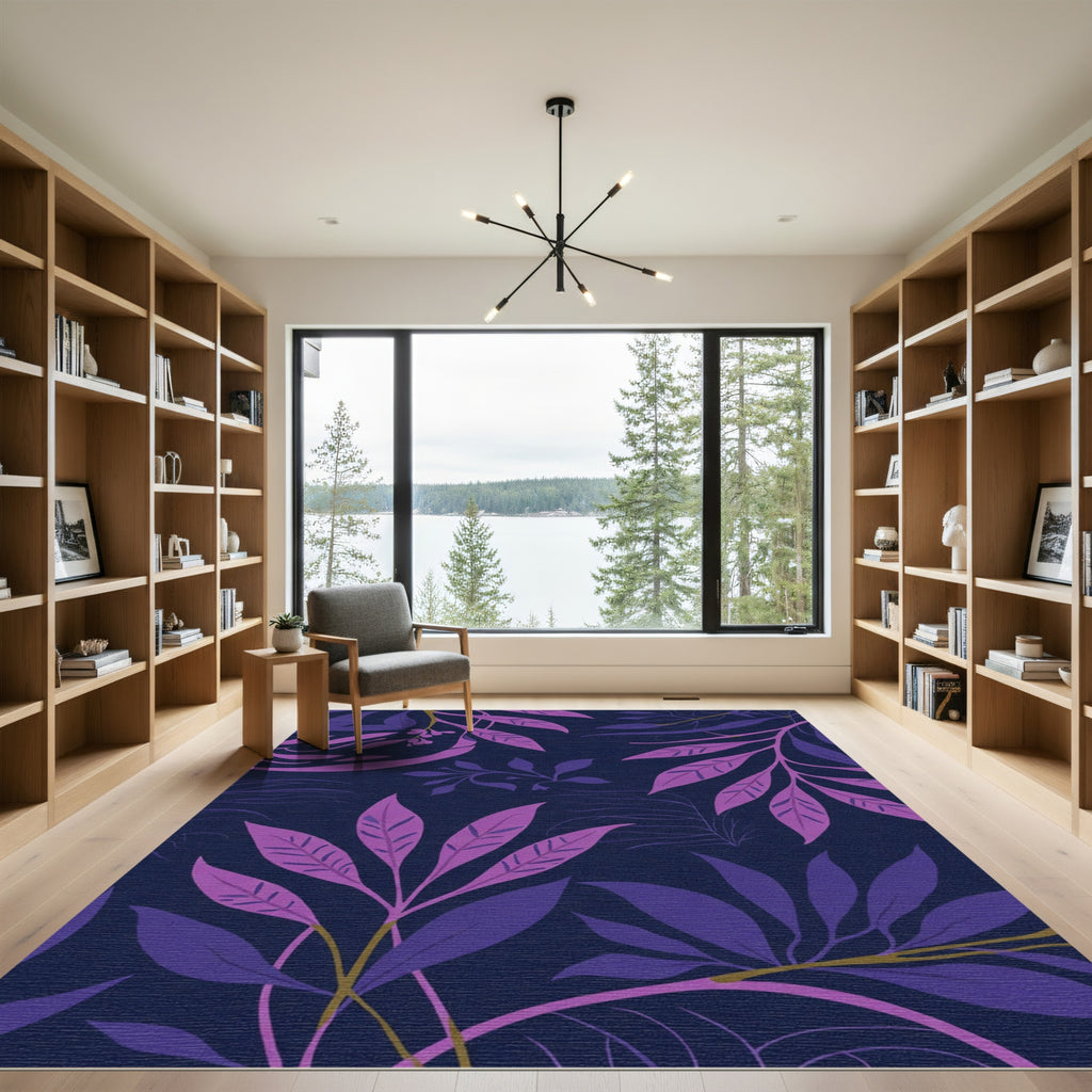 Dark Navy Purple Pink Foliage Vines Rug