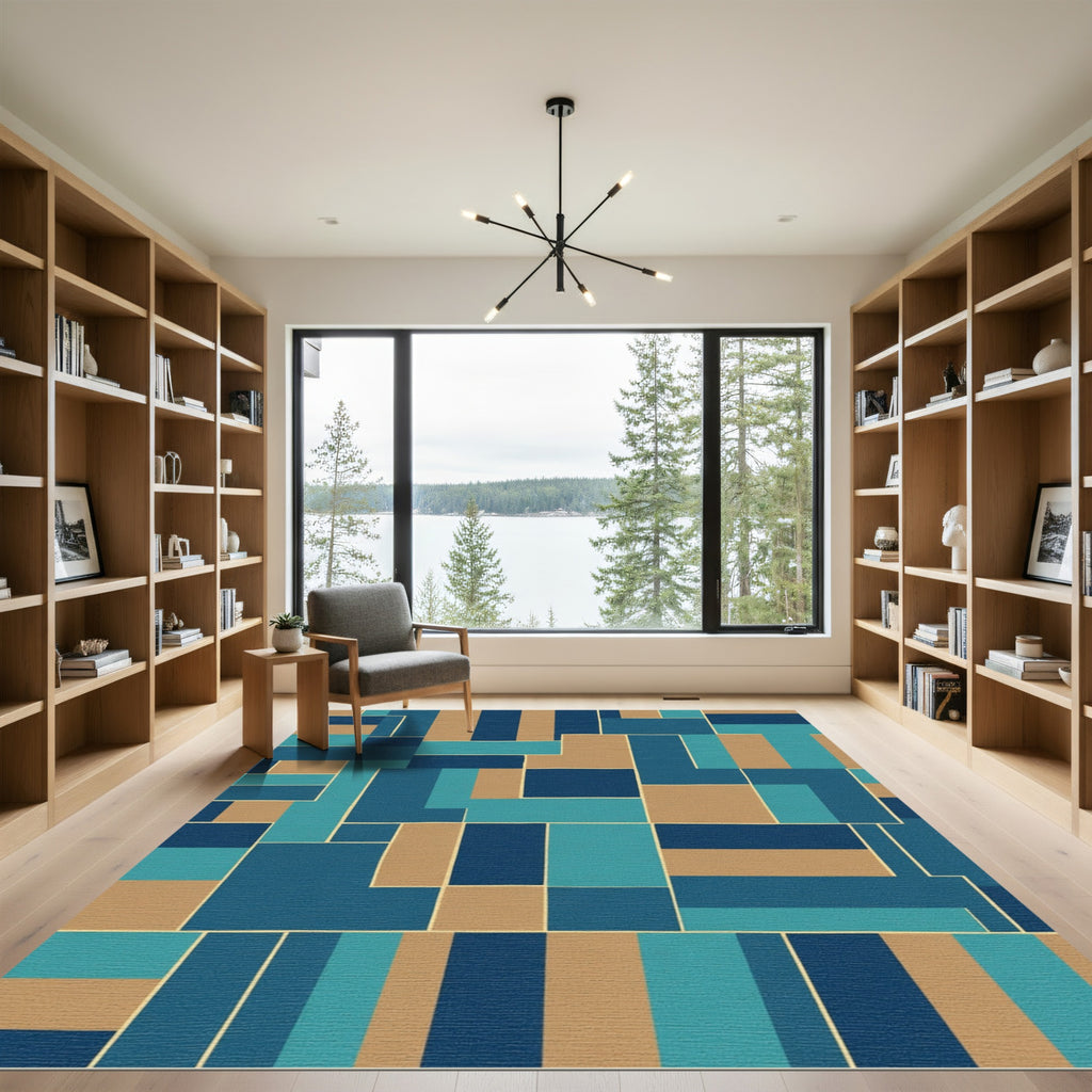 Blue Tan Geometric Block Overlay Rug