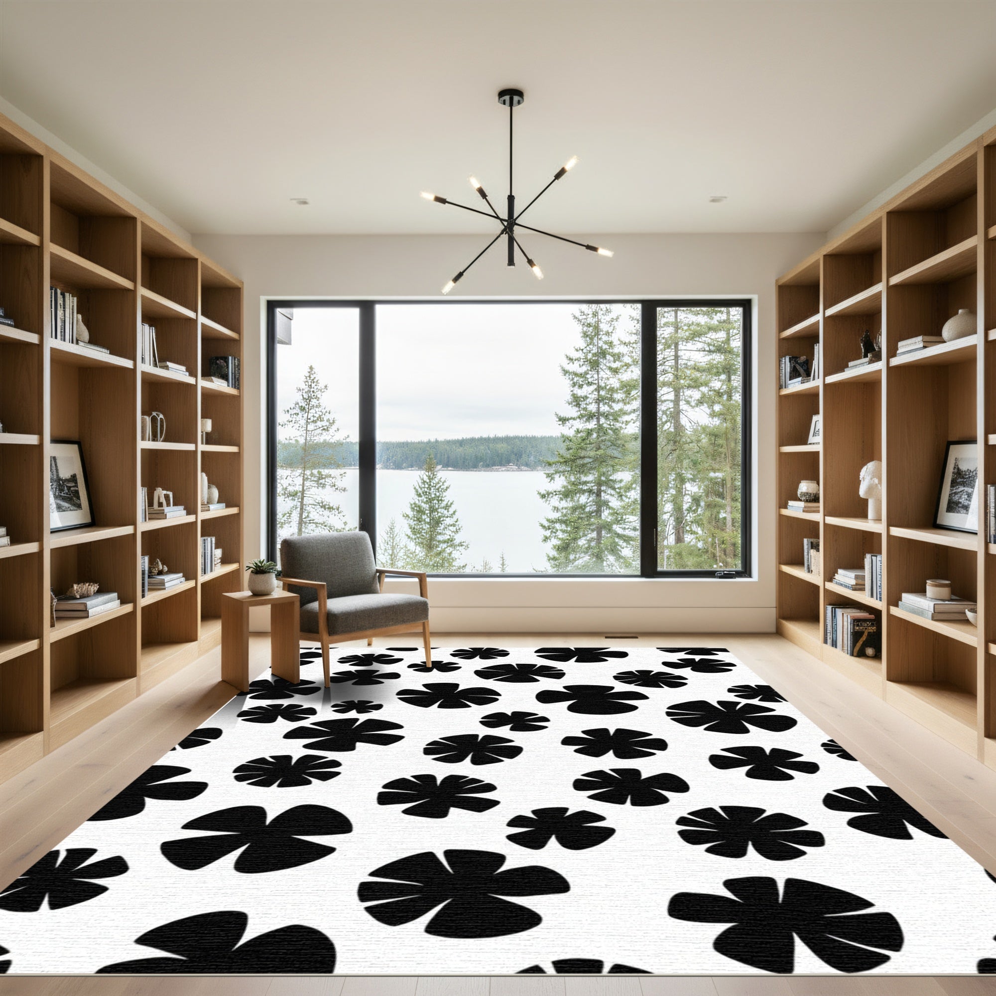 Black White Scattered Petal Rug