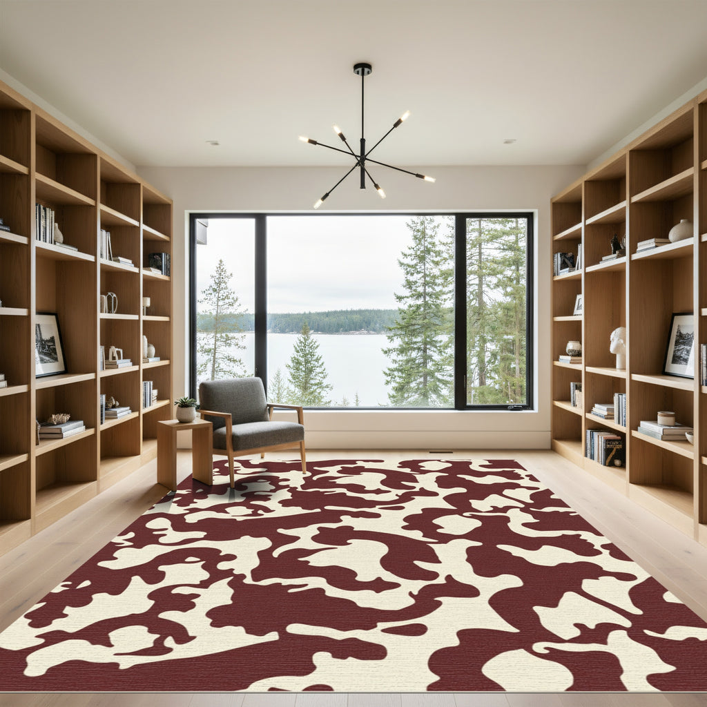 Maroon Cream Abstract Organic Shapes Rug