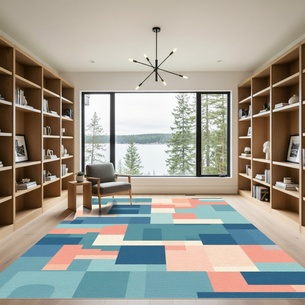 Geometric Coral Blue Cream Blocks Rug