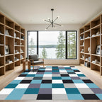 Aqua Gray Black White Checkered Squares Rug