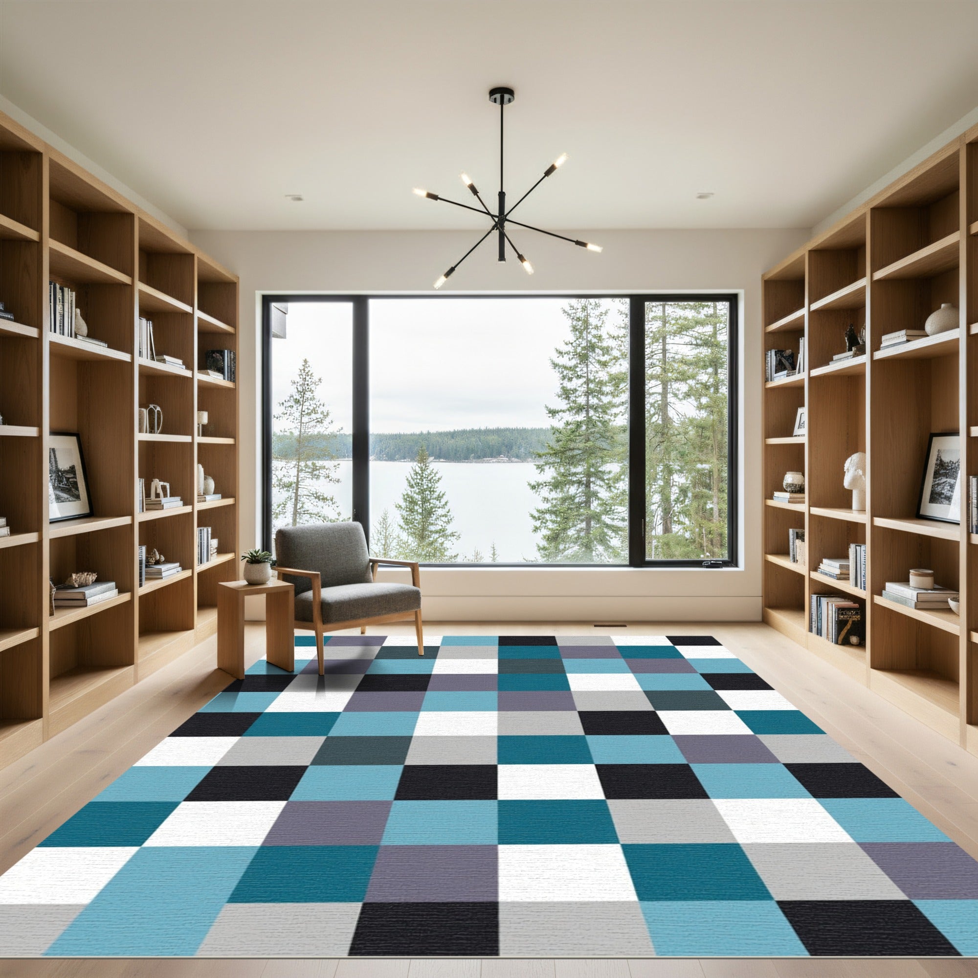 Aqua Gray Black White Checkered Squares Rug