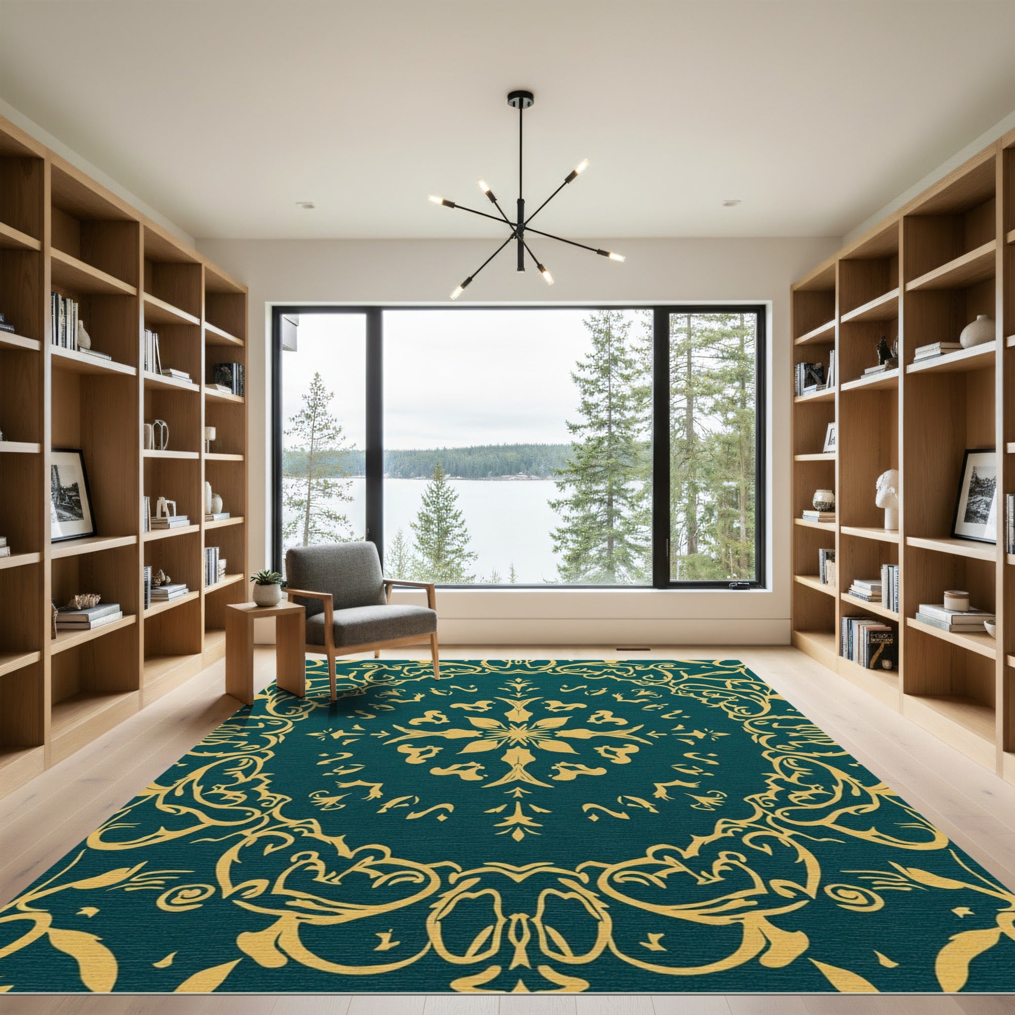 Emerald Golden Scroll Mandala Rug