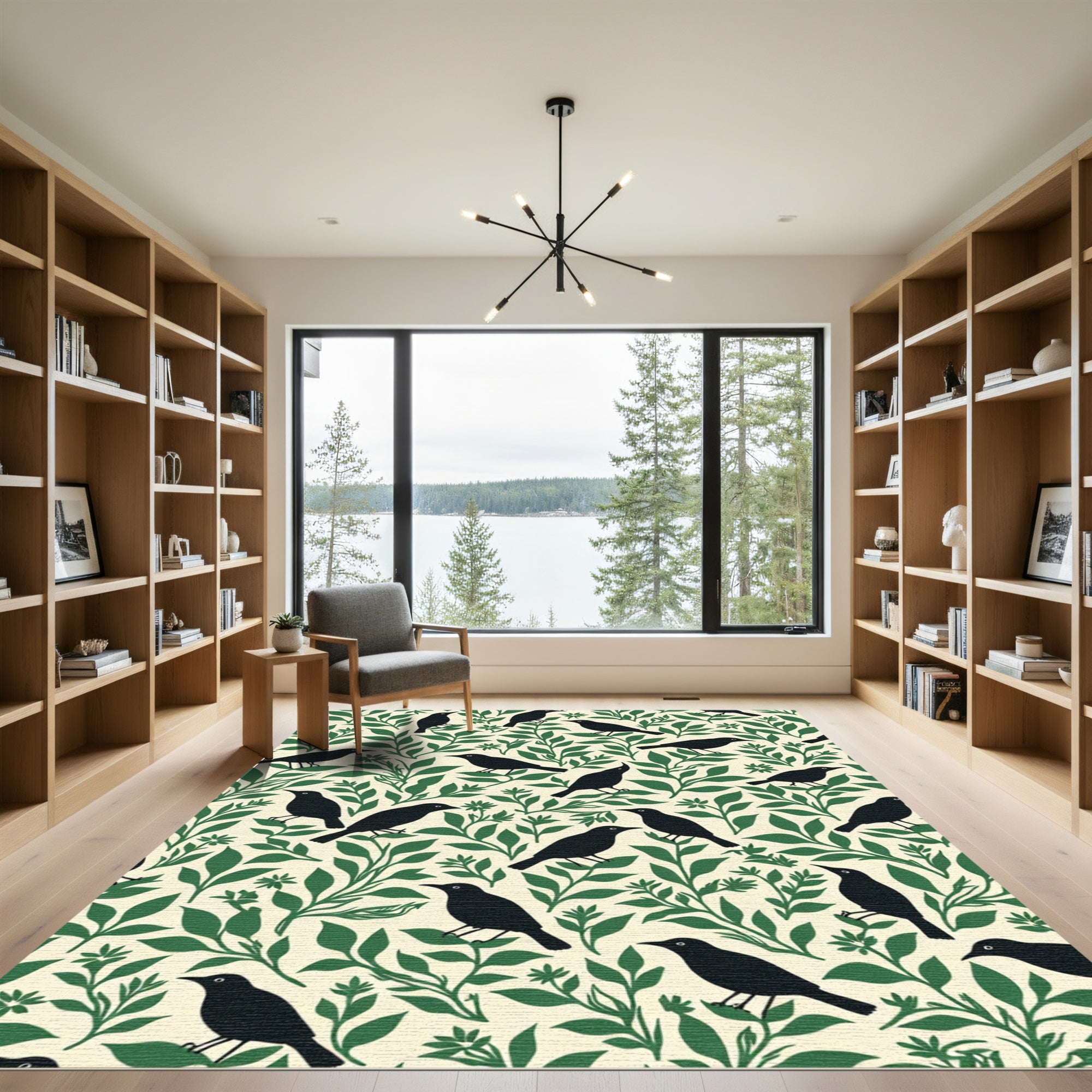 Black Birds Green Foliage Cream Background Rug