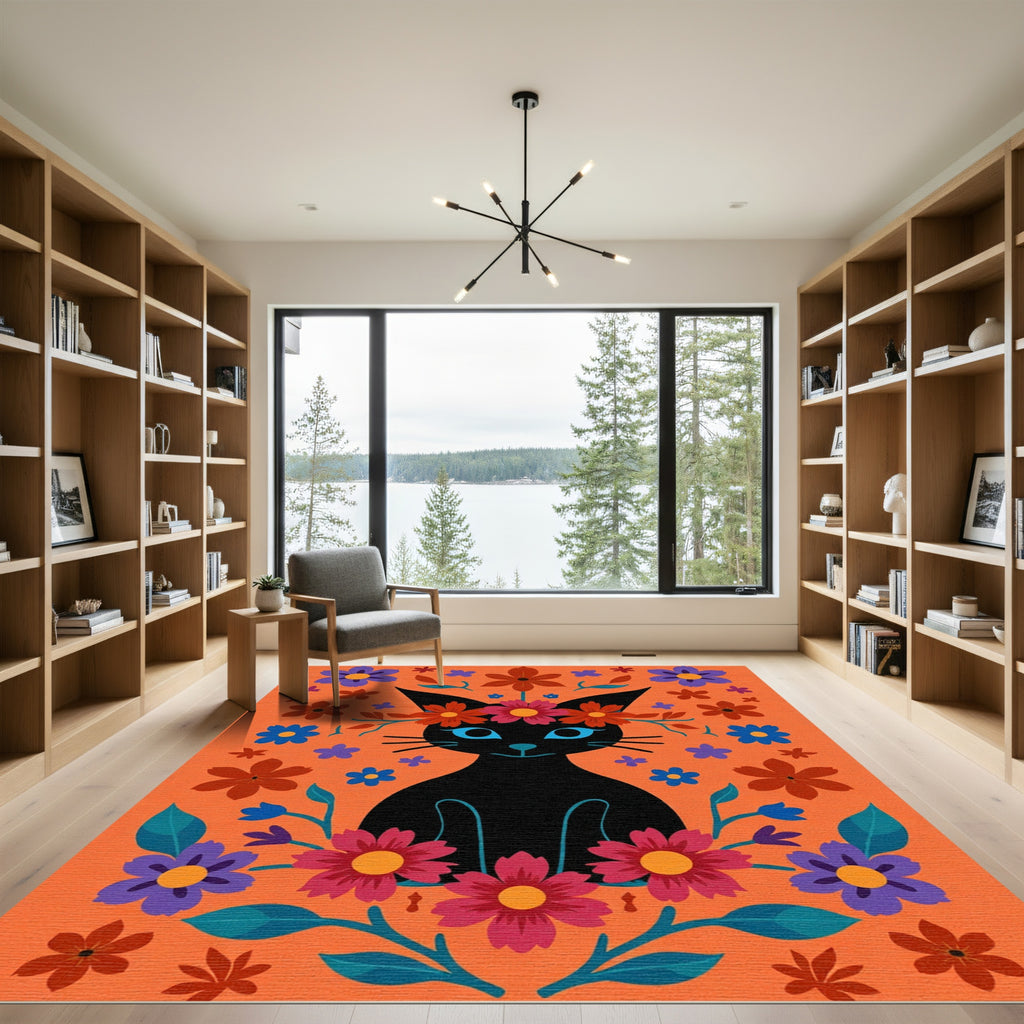 Black Cat Floral Crown Orange Rug