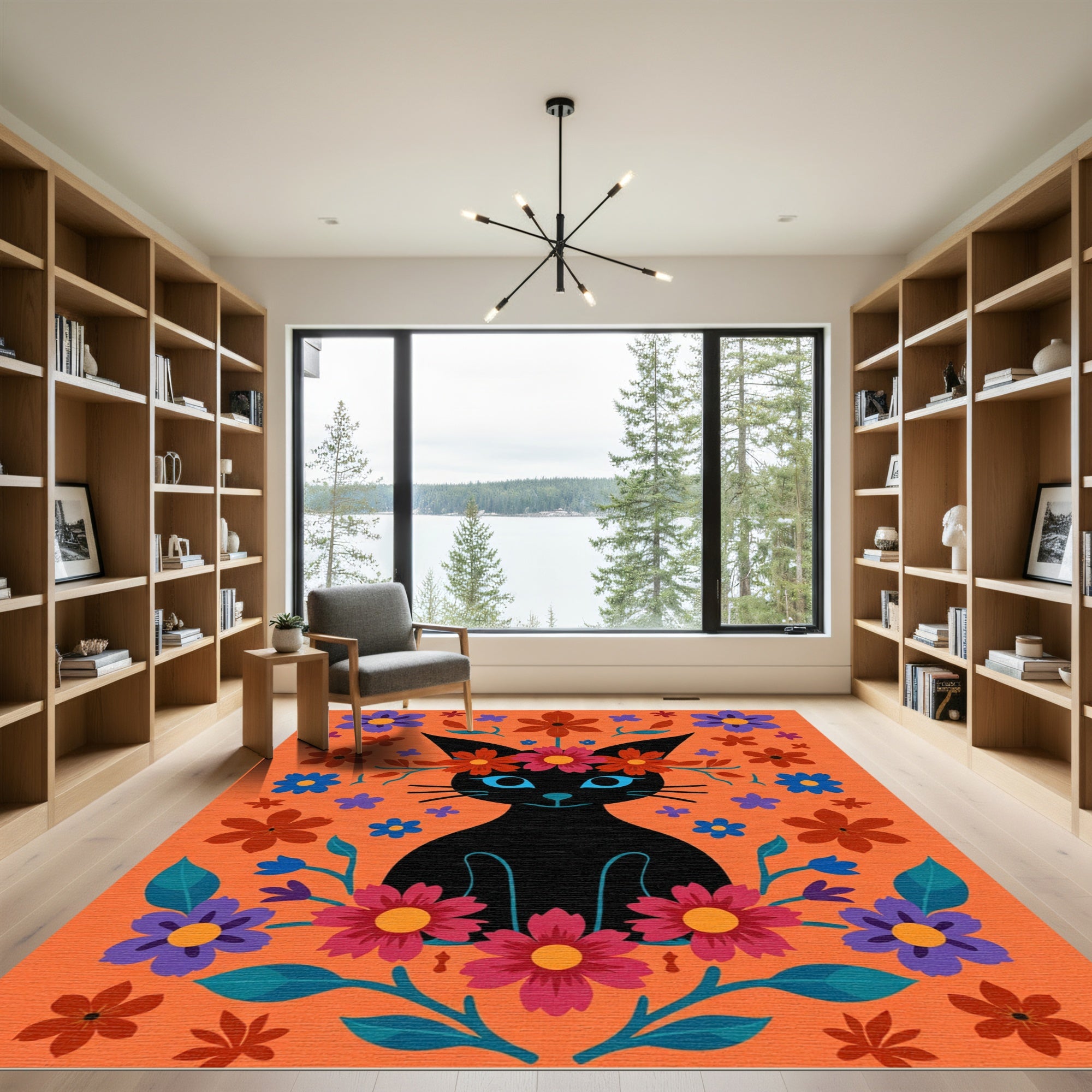 Black Cat Floral Crown Orange Rug