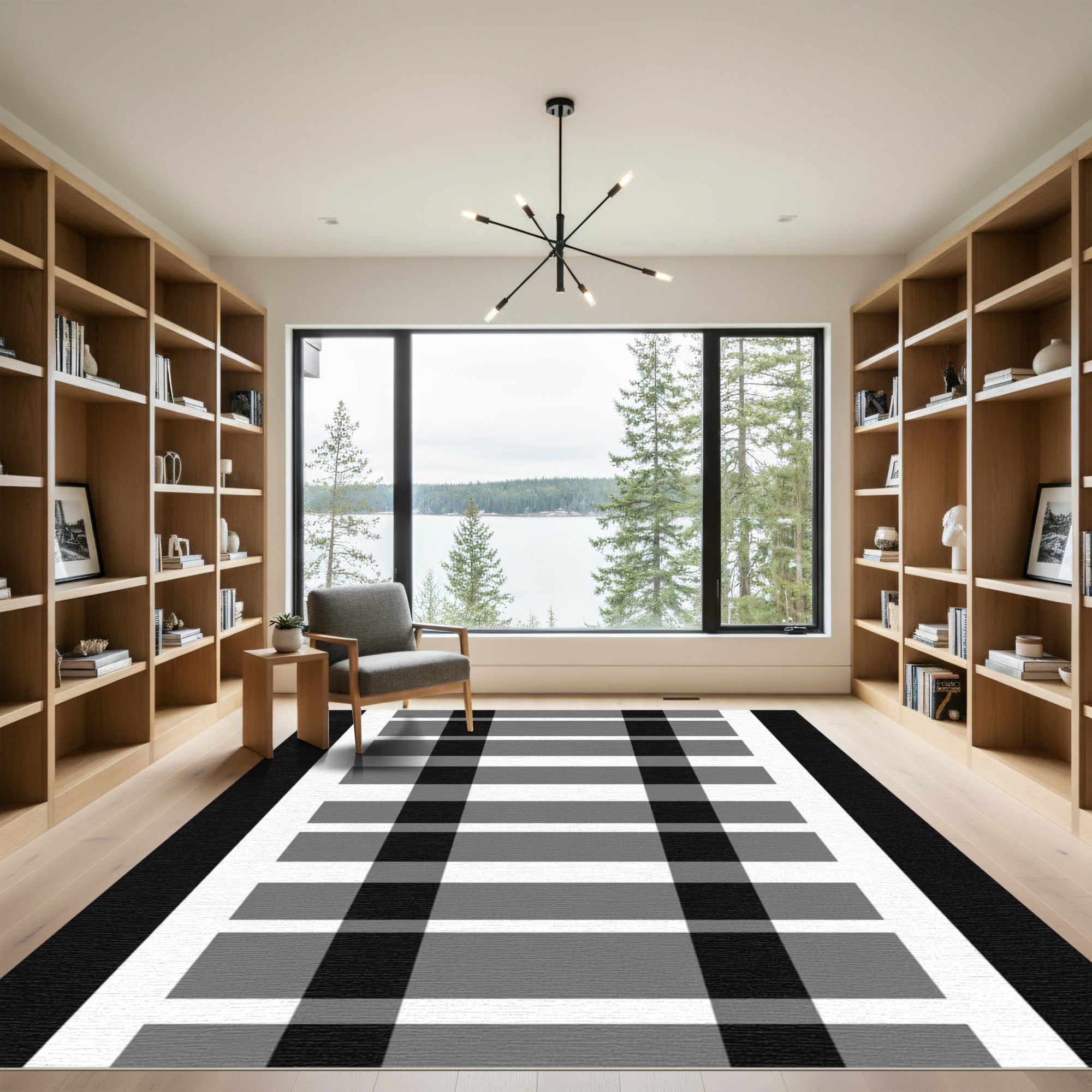 Modern Black Gray White Plaid Rug