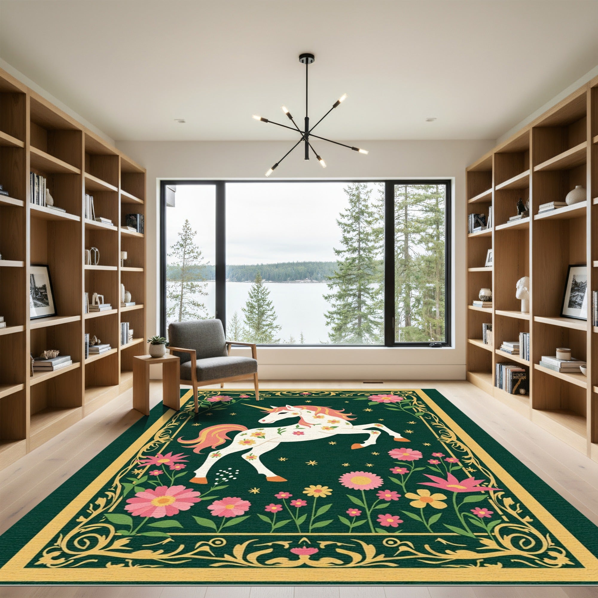 Whimsical Unicorn Floral Garden Art Rug