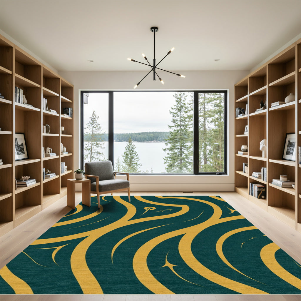 Deep Teal Gold Abstract Swirls Rug