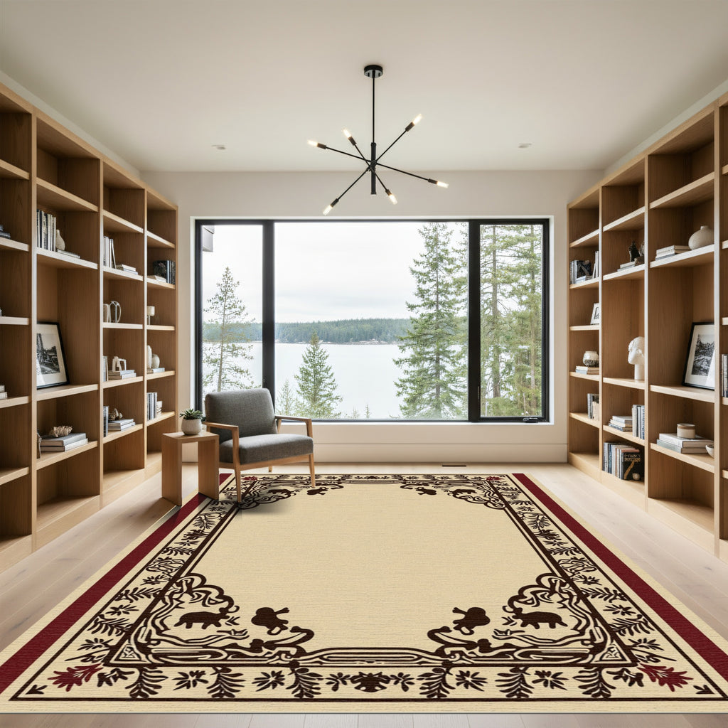 Ornate Cream Red Elephant Border Rug