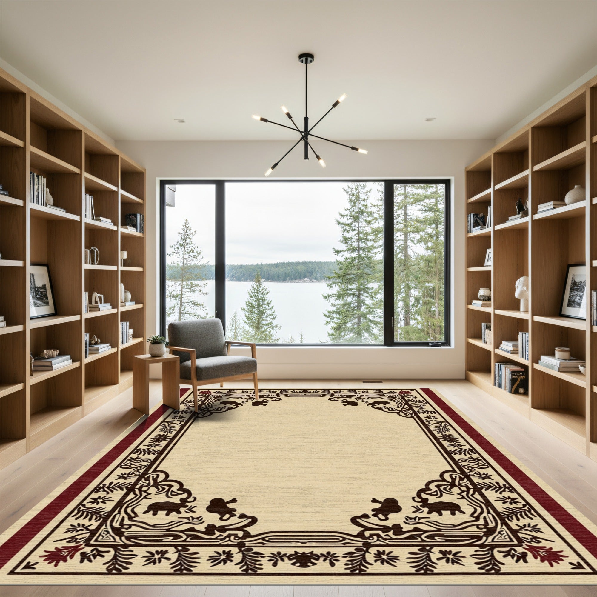 Ornate Cream Red Elephant Border Rug