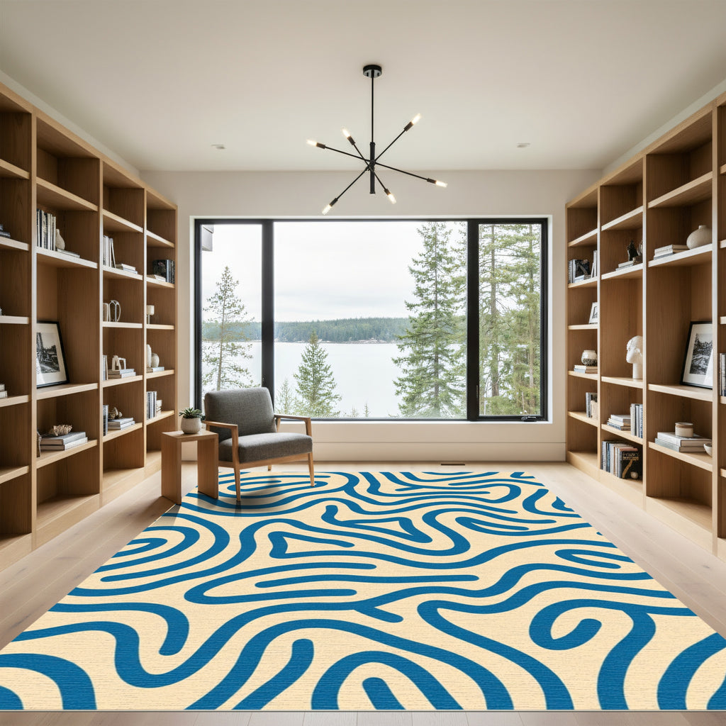 Deep Blue Wavy Lines Abstract Rug