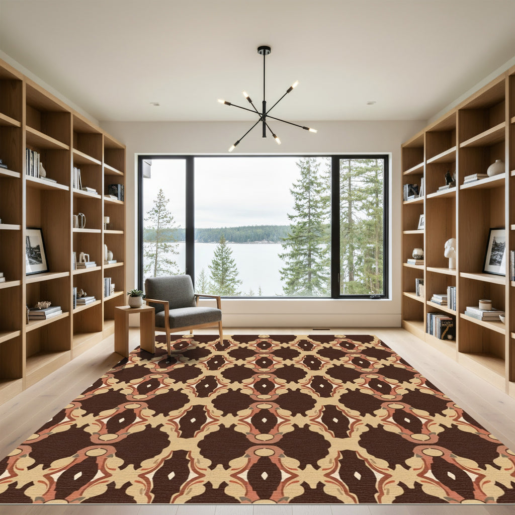 Ornate Brown Camel Geometric Overlay Rug