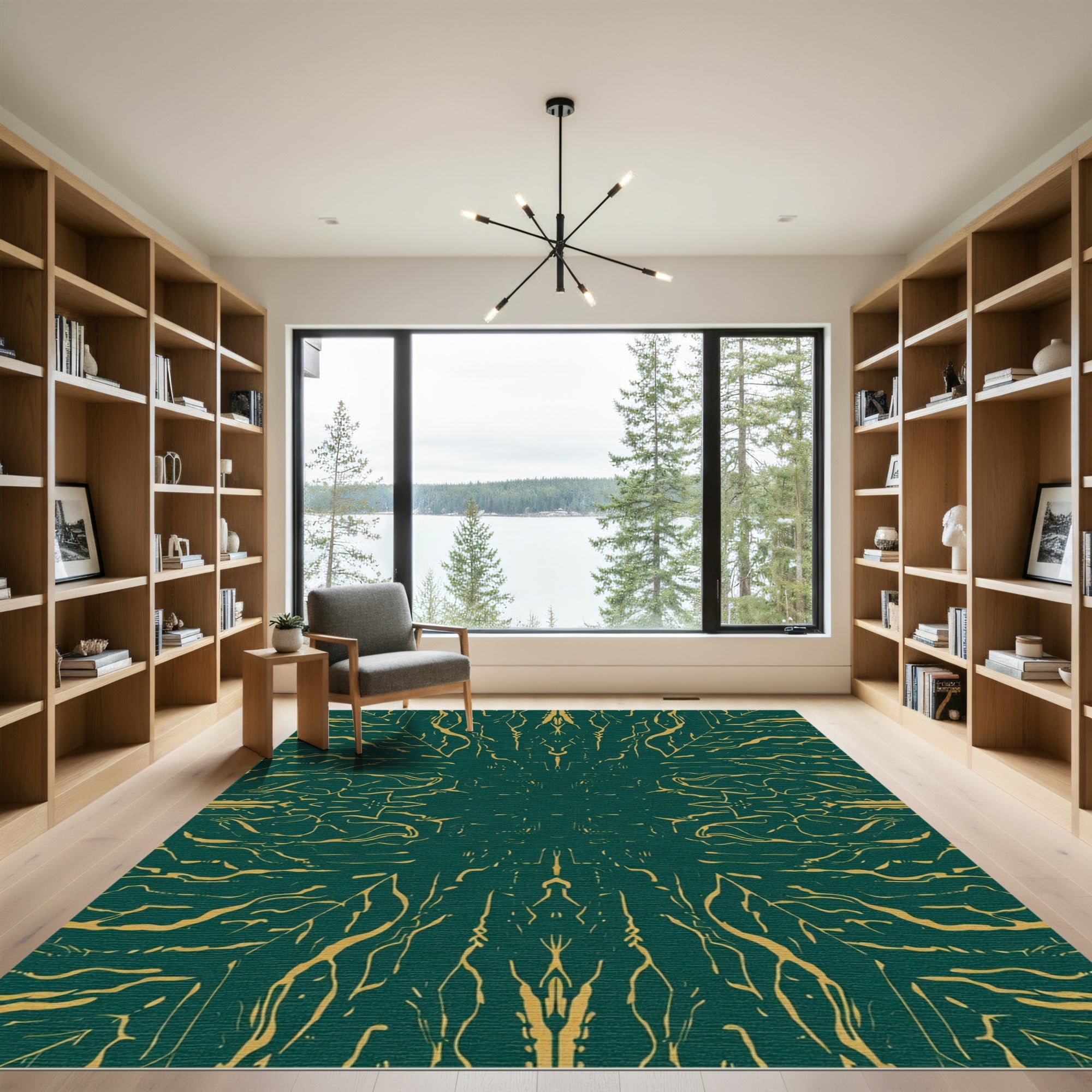 Emerald Gold Abstract Organic Lines Rug