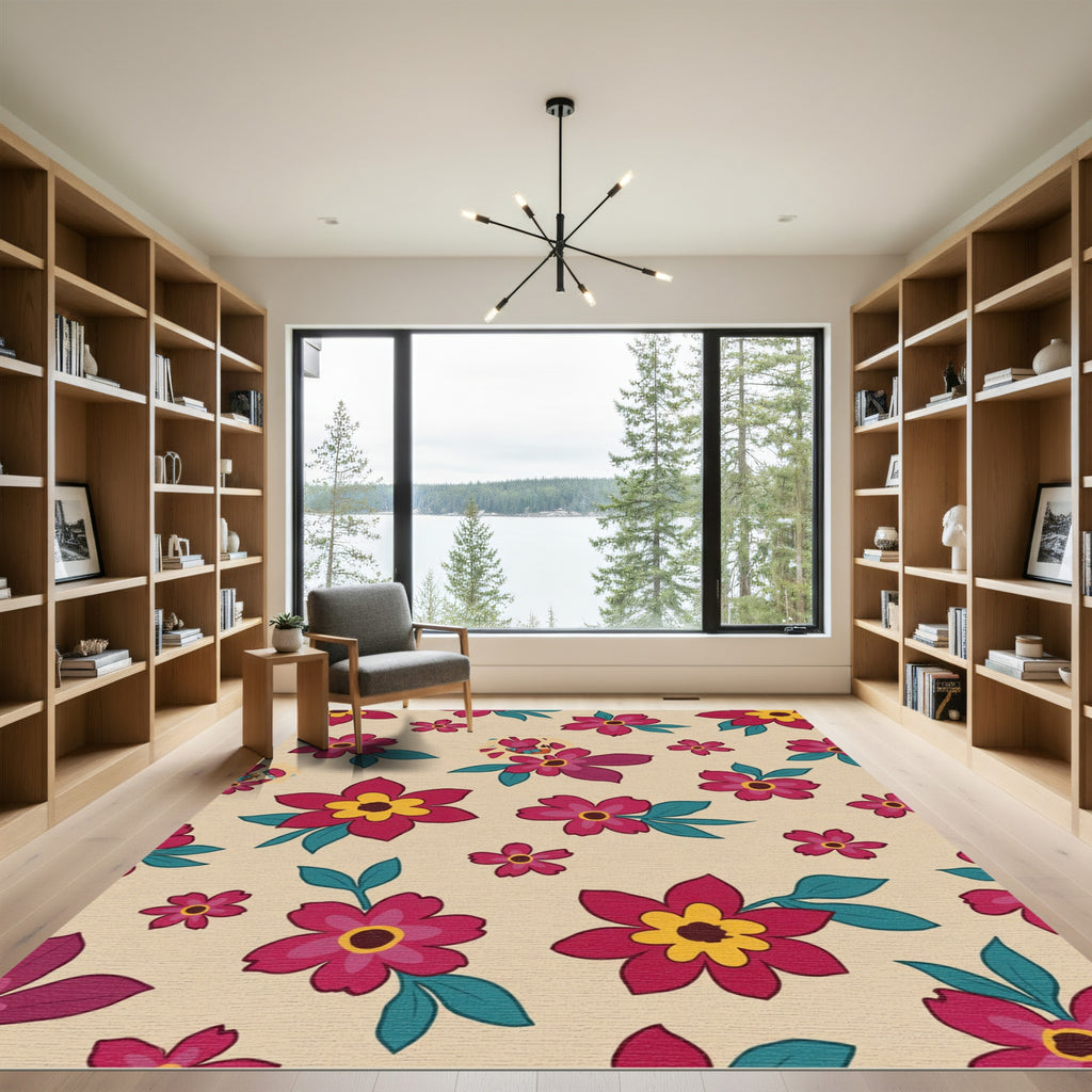 Crimson Yellow Floral Leaf Arrangement Rug