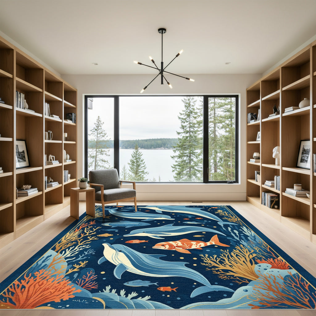 Oceanic Life Blue Gold Dolphins Coral Rug