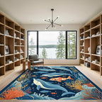 Oceanic Life Blue Gold Dolphins Coral Rug