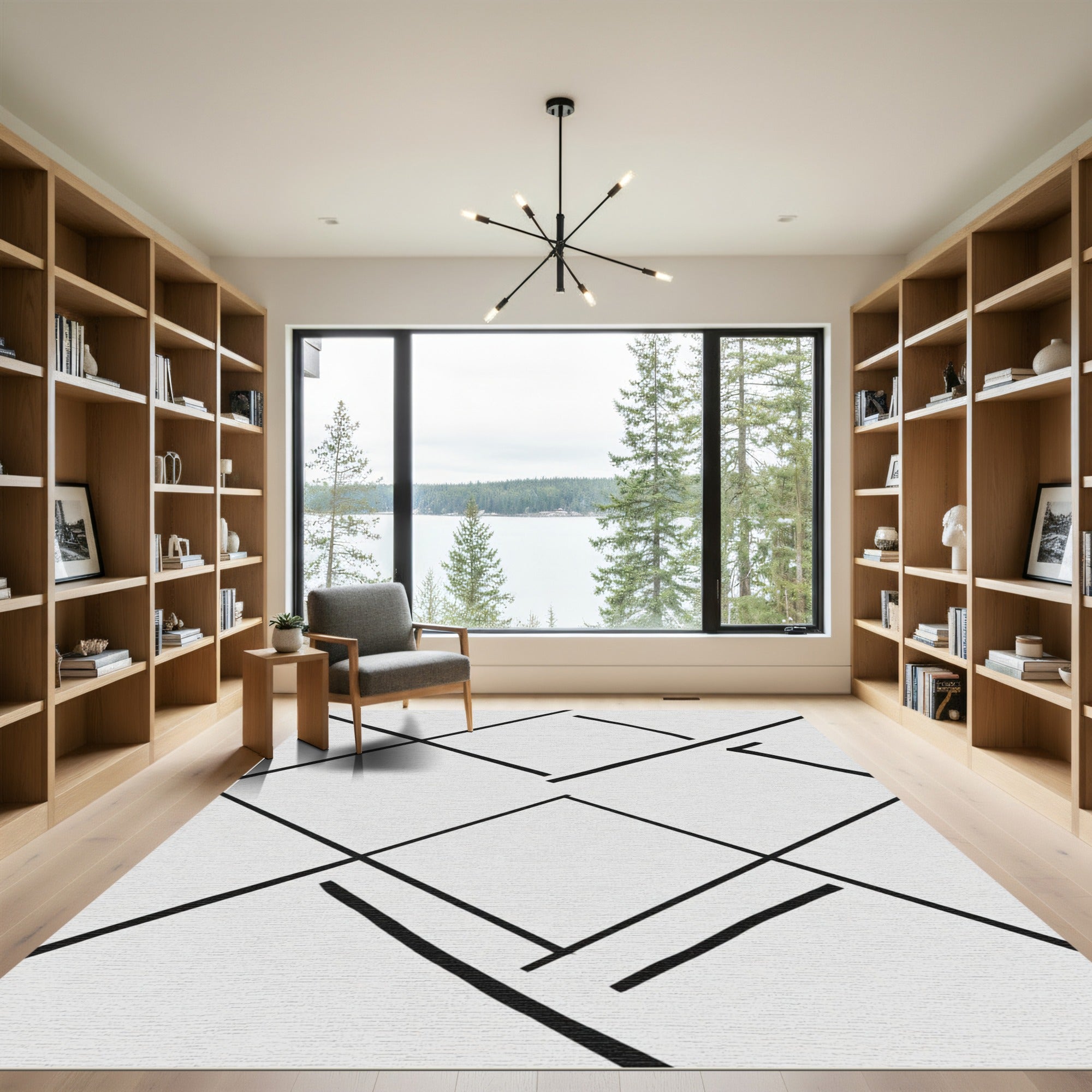 Monochrome Interlocking Geometric Squares Rug