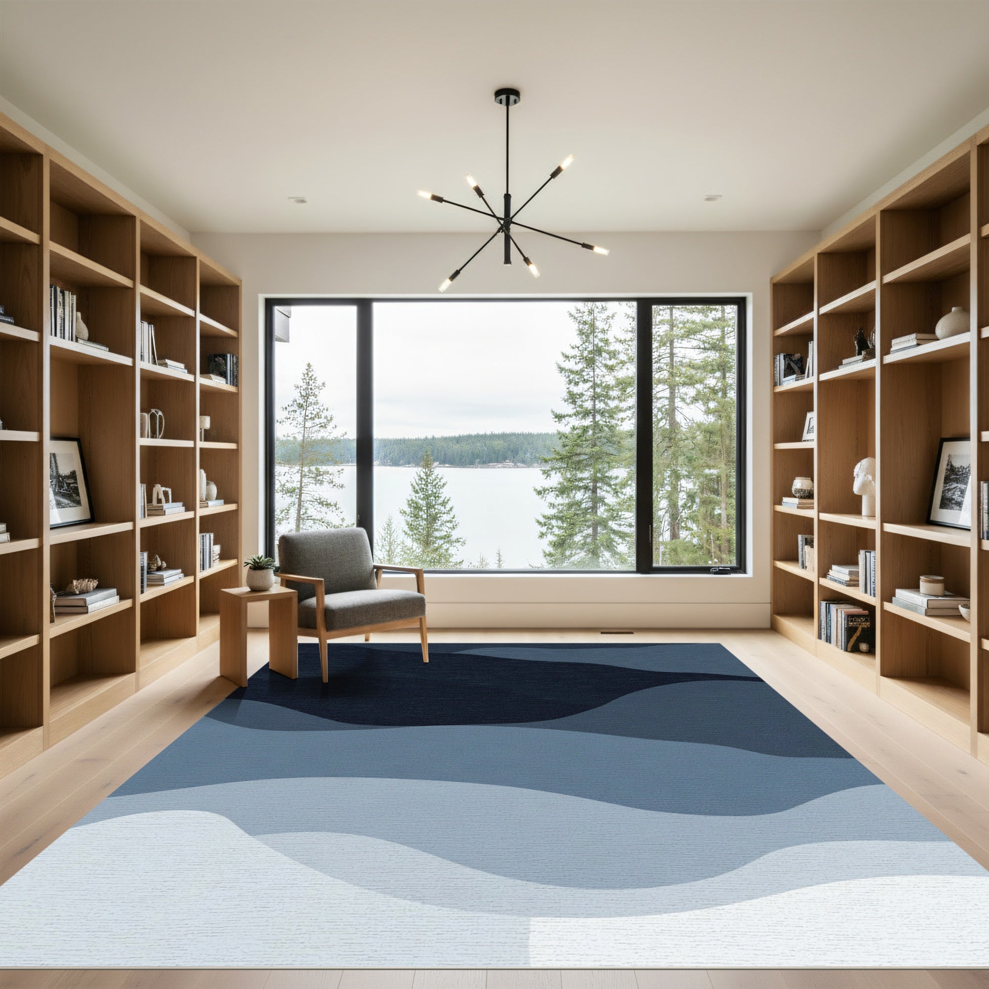 Deep Blue Wave Layered Abstract Rug
