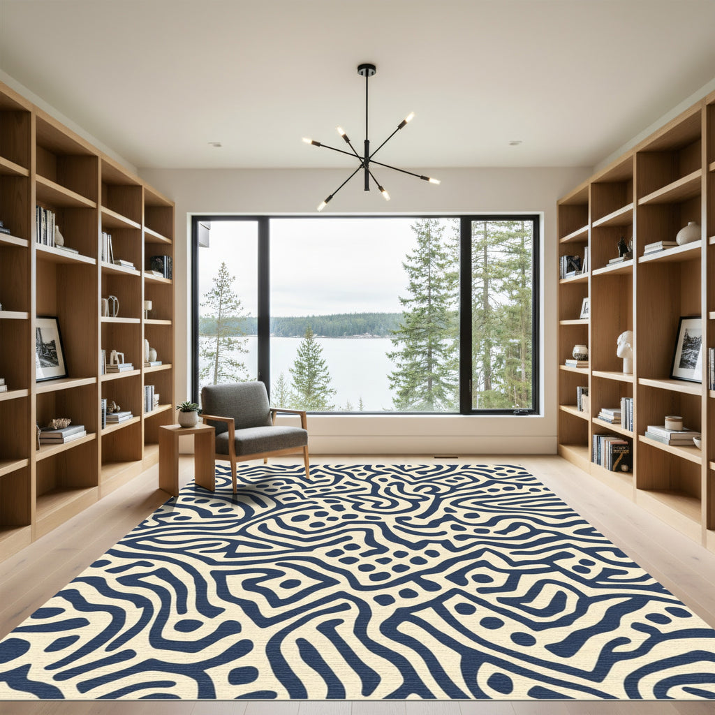 Dark Blue Abstract Organic Lines Rug