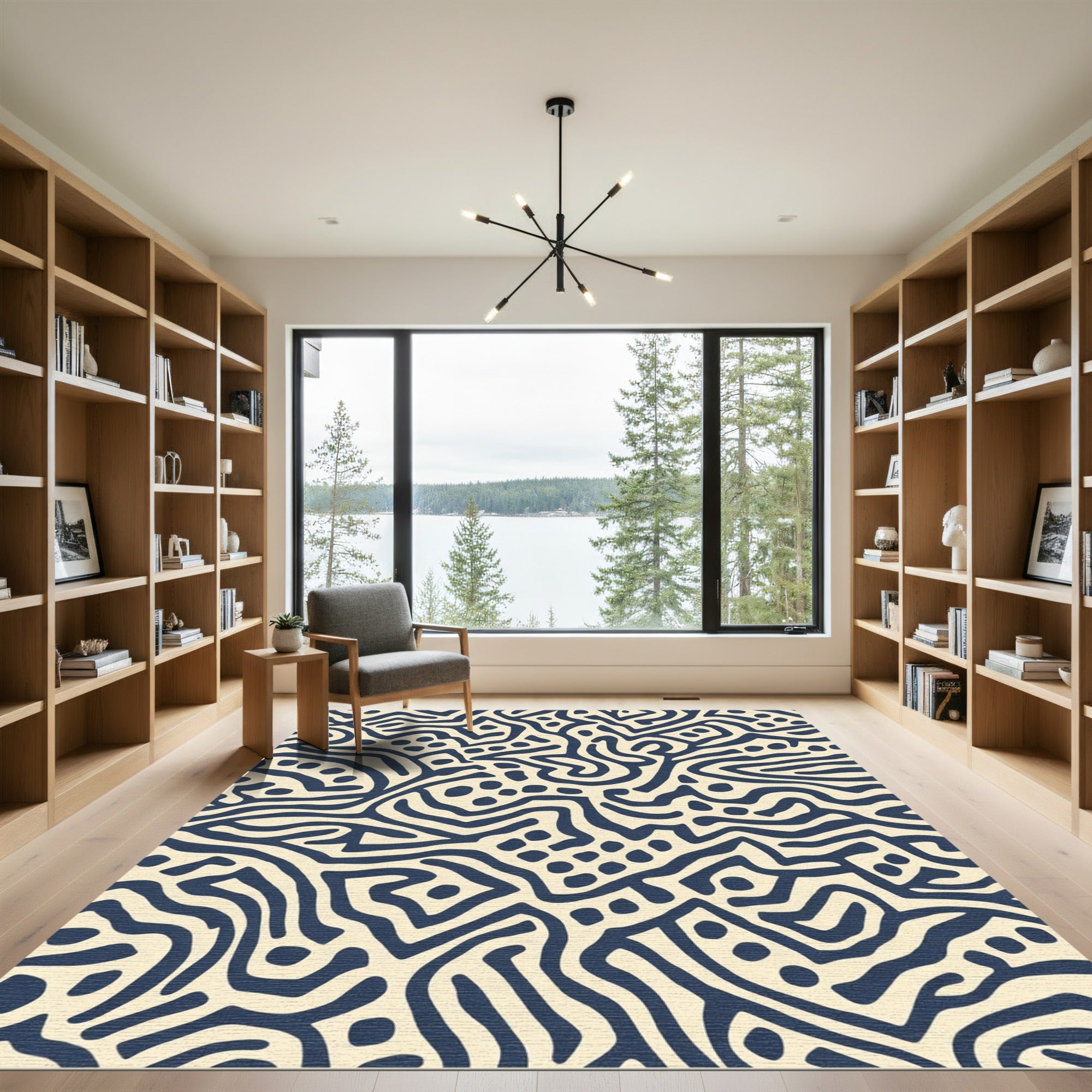 Dark Blue Abstract Organic Lines Rug