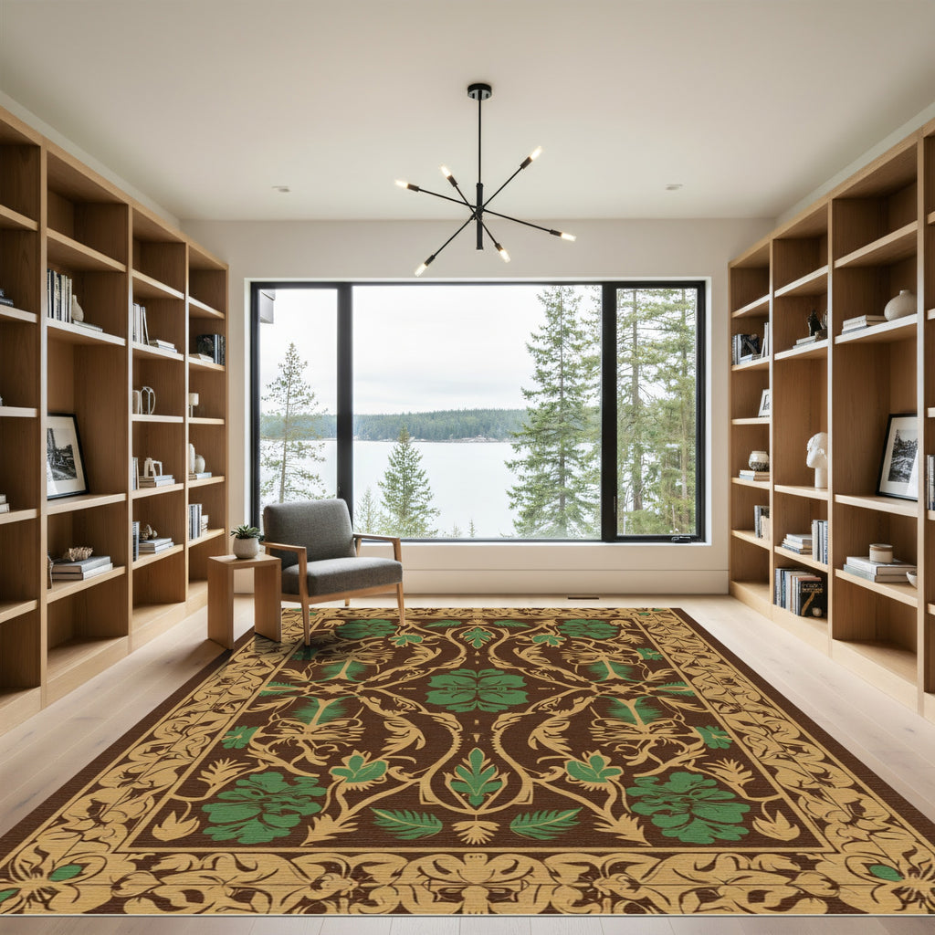 Brown Green Floral Vine Medallion Rug