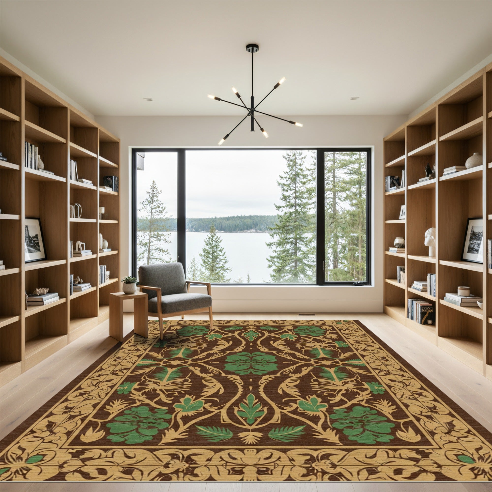 Brown Green Floral Vine Medallion Rug