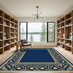 Golden Floral Scroll Navy Blue Frame Rug