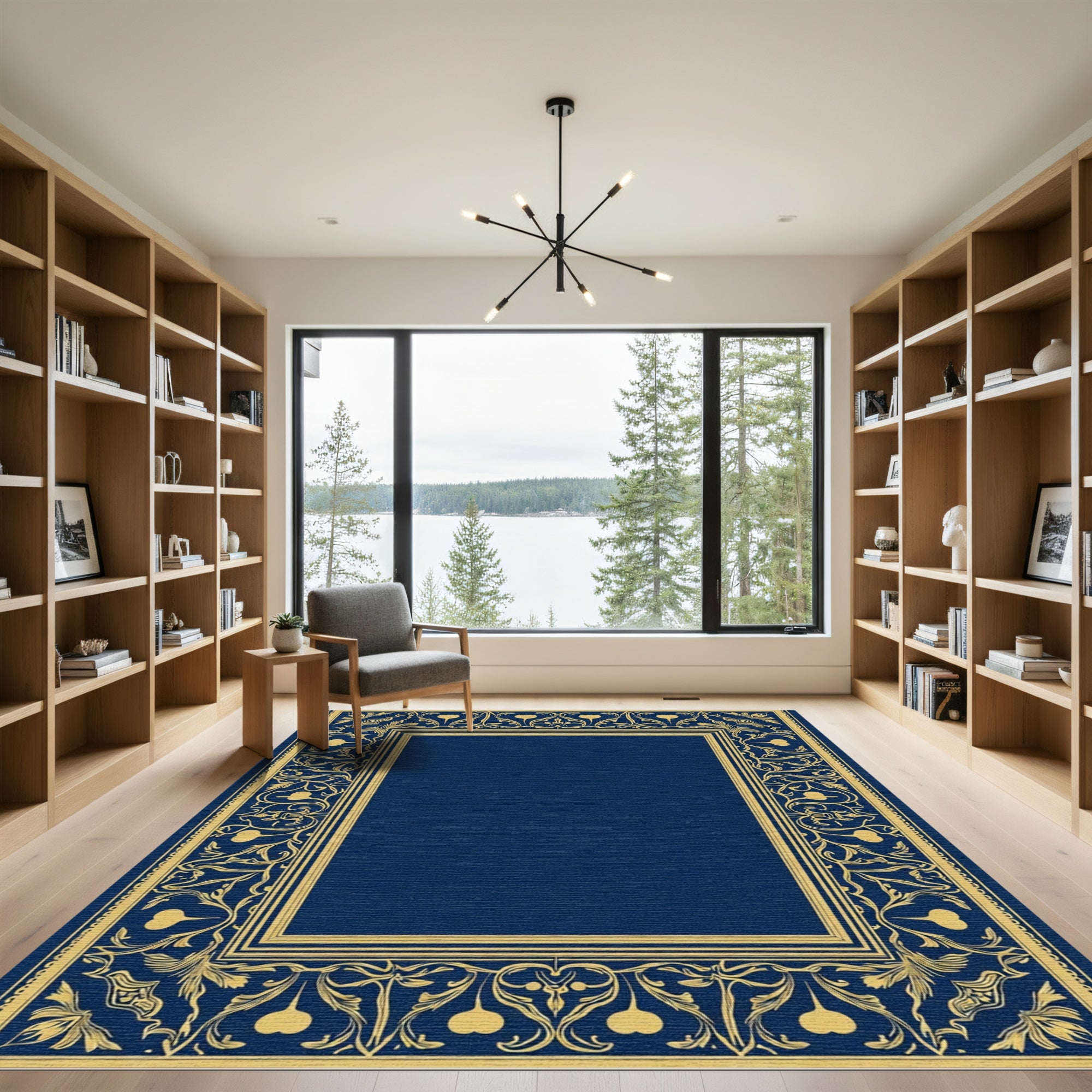 Golden Floral Scroll Navy Blue Frame Rug