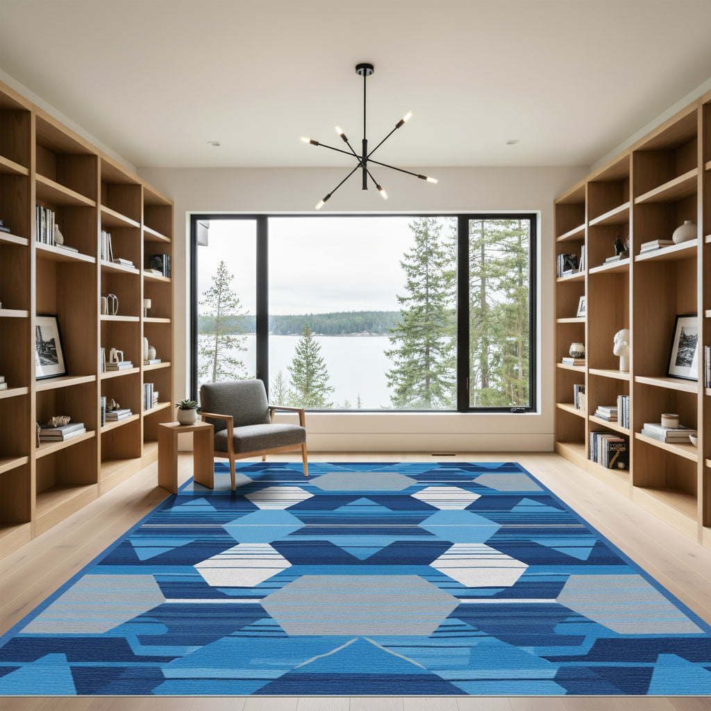 Blue Geometric Contemporary Hexagon Rug
