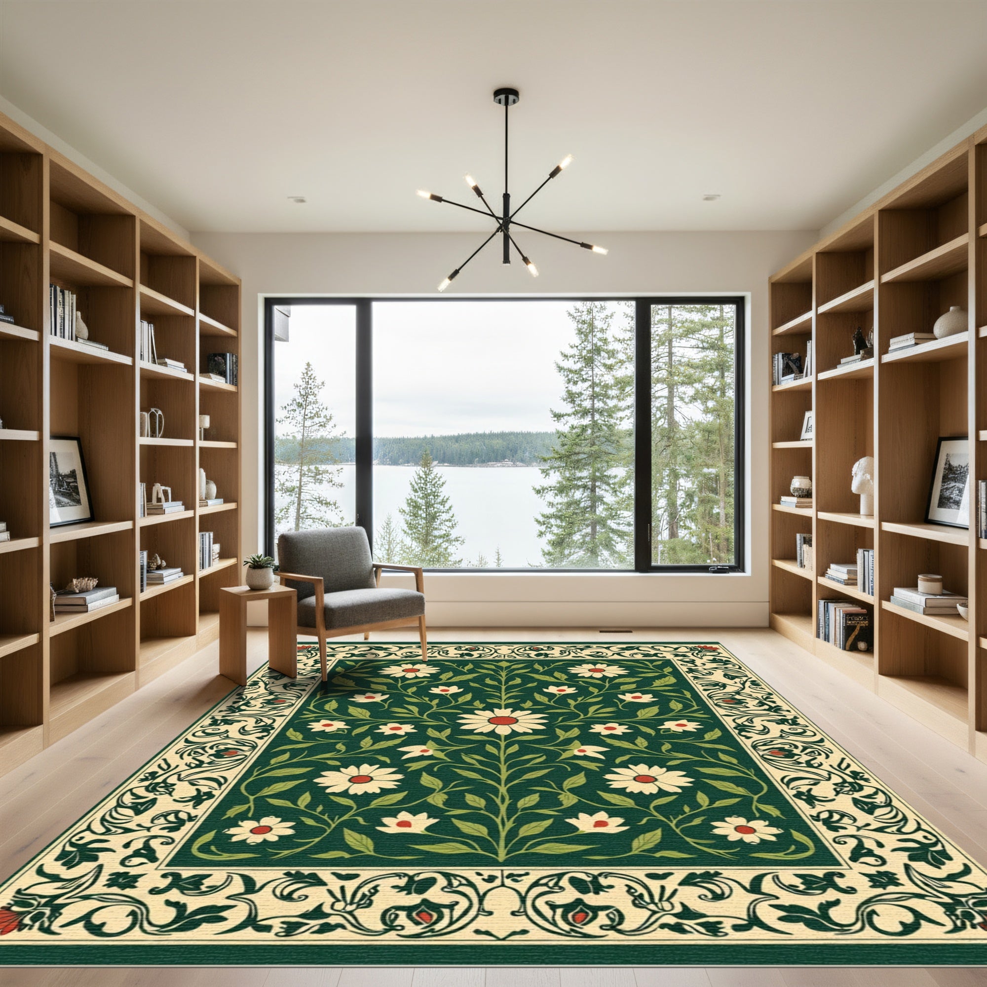 Emerald Green Floral Scroll Border Rug