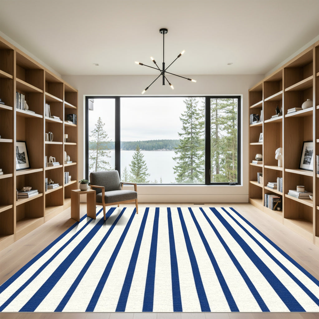 Deep Blue White Vertical Stripe Rug