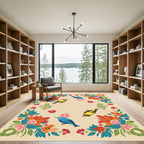 Whimsical Birds and Blooming Floral Garland Rug