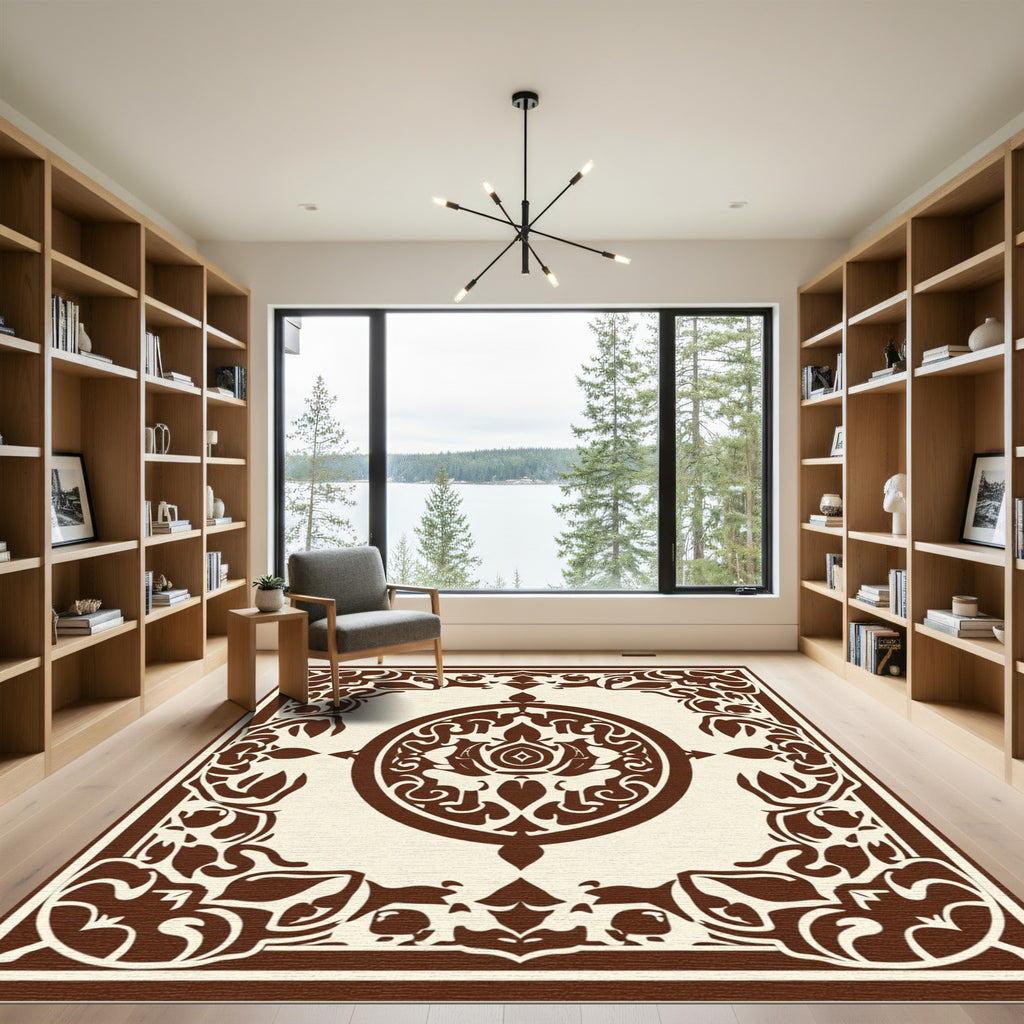 Brown Ivory Oval Medallion Border Rug