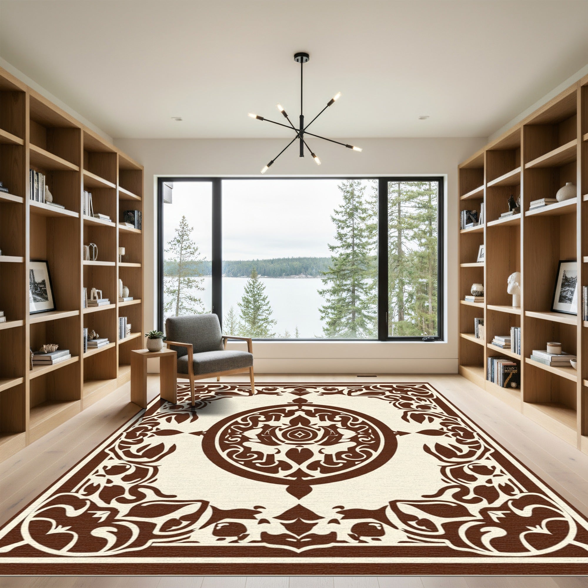 Brown Ivory Oval Medallion Border Rug